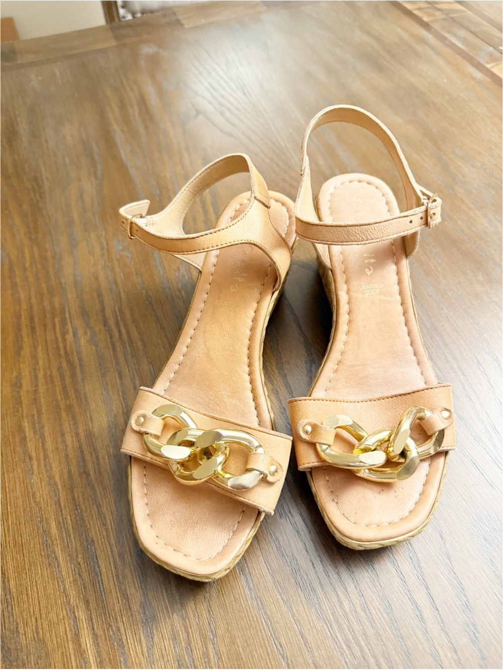 Manella Peach Leather Chain Espadrille Wedge Sandals - Size 9